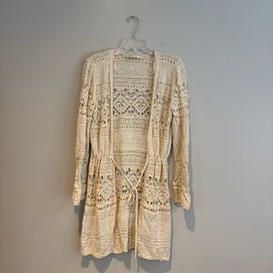 Nurture by Westbound Long Cream Crochet Tie Waist Cardigan